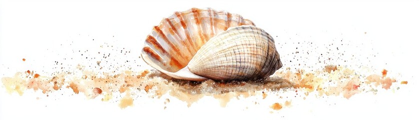 Fototapeta premium A beautiful seashell resting on sandy beach, showcasing intricate patterns and natural colors, perfect for coastal or marine themes.