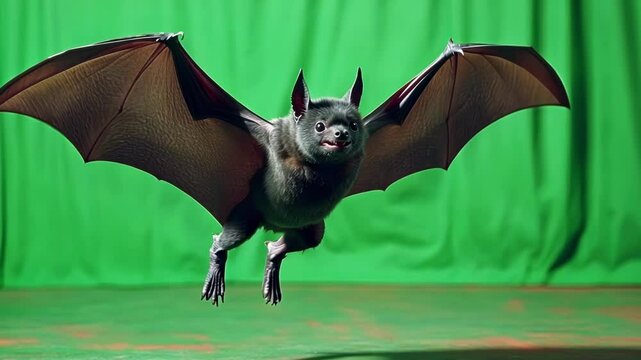 Photorealistic 3d rendering of a bat flying with its wings spread against a green screen background, perfect for compositing into any project