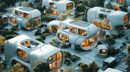 Fototapeta premium Futuristic and sustainable modular residential community with illuminated geometric architectural structures surrounded by lush greenery and integrated technological elements