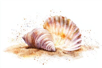 Beautifully illustrated seashells resting on sandy beach, showcasing intricate patterns and textures, perfect for coastal art.