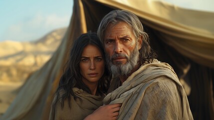 Abraham and Sarah in a tent in the desert; Abraão e Sarah em tendas no deserto