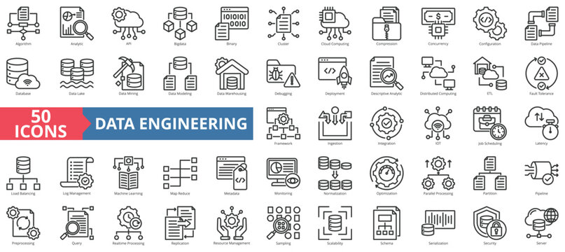 Data Engineering icon collection set. Containing algorithm, analytic, api, big data, binary, cluster, cloud computing, and compression icon. Simple line vector illustration.