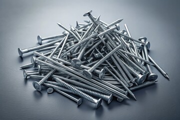 A minimalist vector image featuring a pile of iron nails and screws arranged in a neat and organized manner, with dowels situated nearby