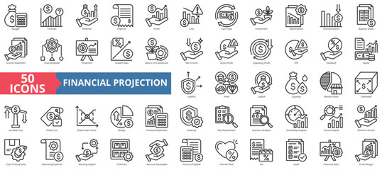 Financial projection icon collection set. Containing budget, forecast, revenue, expense, profit, loss, cashflow, investment, depreciation icon. Simple line vector illustration.