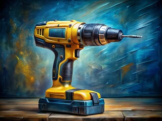 A highly detailed and realistic oil painting-style depiction of a cordless electric drill and its accompanying accessories arranged in a deliberate yet artistic manner