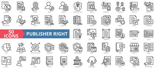 Publisher right icon collection set. Containing copyright, license, royalty, author, publisher, intellectual property, plagiarism icon. Simple line vector illustration.