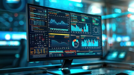 Naklejka premium Computer Monitor Visualization: Abstract Network Monitoring Dashboard with Real-Time Data Analytics, Graphs, and System Health Indicators