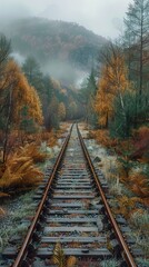 Fototapeta premium Misty Autumn Forest Railway Tracks - Nature Photography