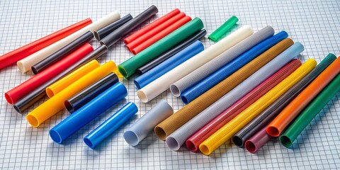 Fototapeta premium A collection of heat shrink tubings in various colors and sizes scattered on a white vector backdrop with a subtle grid pattern, showcasing the different types of tubings and their flexibility.
