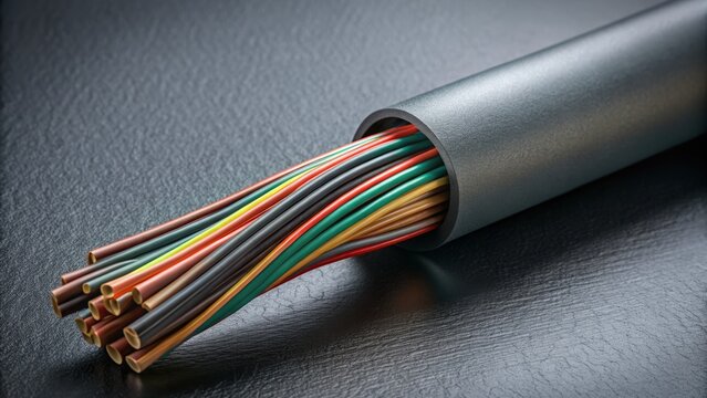 Heat shrink tubing wrapped around a wire on a dark grey illustration background with a subtle texture resembling a circuit board, highlighting the tubing's function in insulating and protecting 