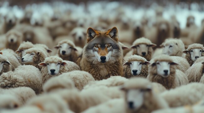 a wolf among the sheep, he tries to disguise himself as a lamb but the shepherd recognizes him, um lobo no meio das ovelhas