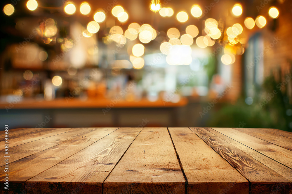 Poster empty wooden board empty table in front of blurred background. perspective light wood over blur in s