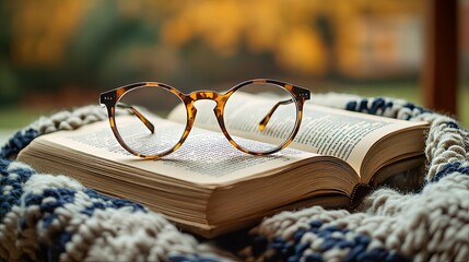 Open Book with Glasses on Knitted Blanket
