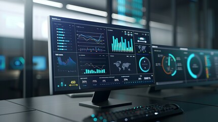 Fototapeta premium Computer Monitor Displaying an Abstract Network Monitoring Dashboard with Real-Time Data Analytics, Graphs, and System Health Indicators