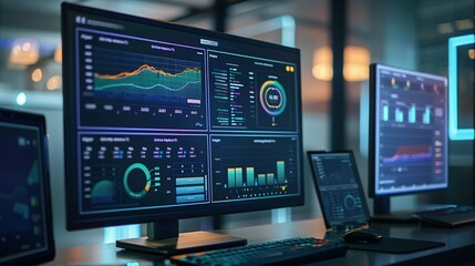 Abstract Network Monitoring Dashboard on Computer Monitor: Featuring Real-Time Data Analytics, Graphs, and System Health Indicators