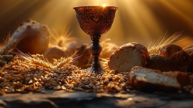 bread and wine, symbol of the Holy Supper, with contrasting sunlight and grains of wheat on the table