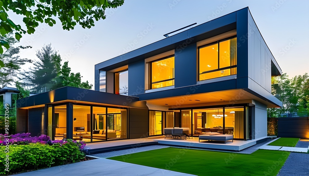 Sticker sleek modern house with expansive windows and lush garden highlighting contemporary architecture and