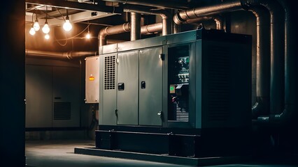 Backup generator in a dimly lit hospital basement