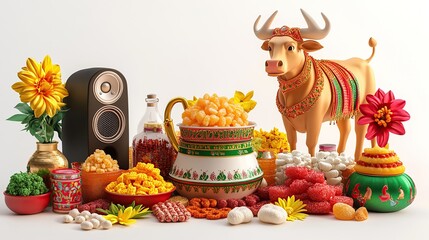 Pongal Festival Celebration with Sacred Cow and Vibrant Decorations