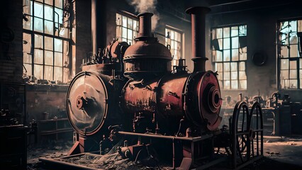 Rusty steam-powered generator in an abandoned factory