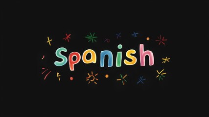 Word or title of "Spanish" lettering drawn with colorfull chalk on black background, idea for school learning process