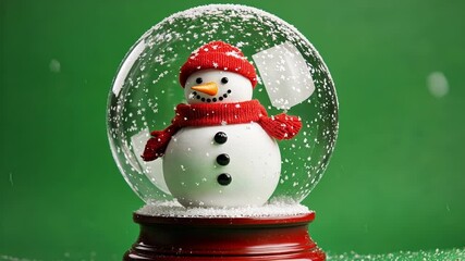 Snowman with red hat and scarf inside a snow globe with falling snow effect, standing on a green screen background, perfect for christmas video editing - Powered by Adobe