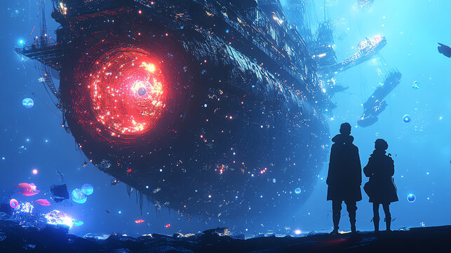 A serene view of two figures gazing at a colossal spaceship in a vibrant, otherworldly landscape filled with glowing elements.