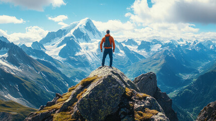 Man with backpack stand on a top of a mountain