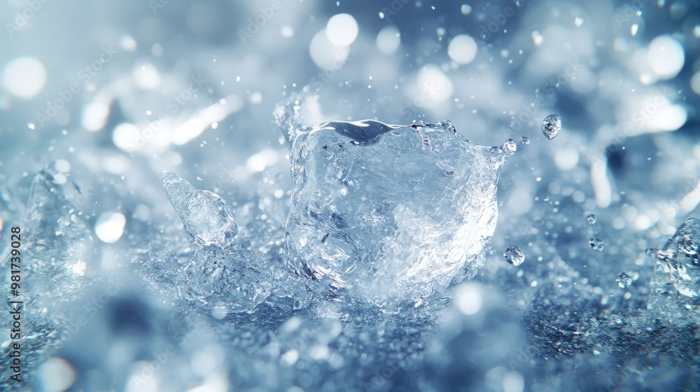 Poster close-up of a large ice cube splashing in water with a blurred background