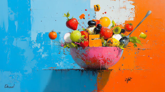 Vibrant fruit bowl art with colorful splashes, featuring various fruits against a striking blue and orange background.