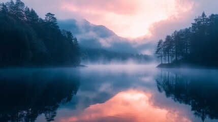 Obraz premium Misty Morning Sunrise Reflected in a Tranquil Lake