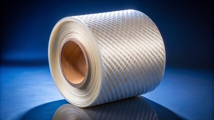 Fiberglass tape wrapping around a cylindrical object, with the tape's diagonal strips overlapping to create a dynamic, textured effect, set against a deep blue gradient backdrop.