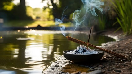 Sandalwood Incense Burning by a Tranquil Pond