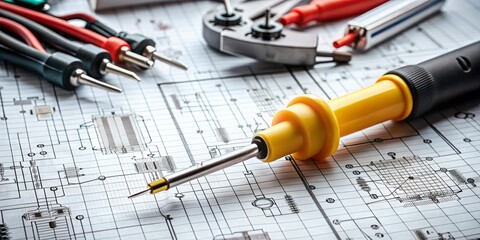 A screwdriver tester lying on a white grid paper with scattered circuit diagrams and electrical symbols around it, set against a blurred background of an electronics workshop