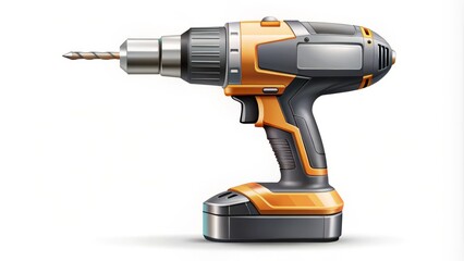 Clean and modern vector illustration of a cordless screwdriver placed diagonally on a plain white background, with a single silver screw positioned beside it