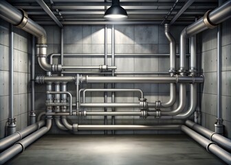 A detailed vector illustration of a dimly lit industrial corridor with rows of silver pipes and conduits running along the walls, set against a muted gray concrete background