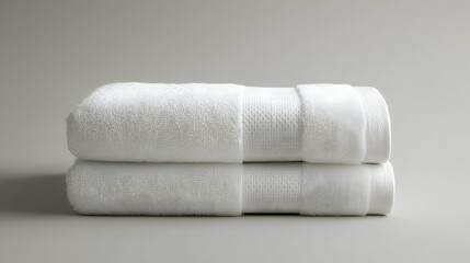 Soft white towels neatly stacked, ideal for spa, bathroom, or hotel settings, representing cleanliness and comfort.