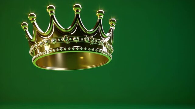 Majestic golden crown adorned with sparkling diamonds, floating against a vibrant green screen background, providing an ideal setup for effortless chroma keying and creative compositions