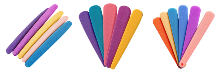 A set of five different-colored nail files with a fine grit surface, fanned out to display each color, isolated on a transparent background