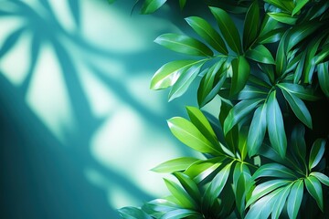Emerald Tranquility: Lush green leaves bask in dappled sunlight against a serene teal backdrop, offering a vibrant and refreshing natural background. 