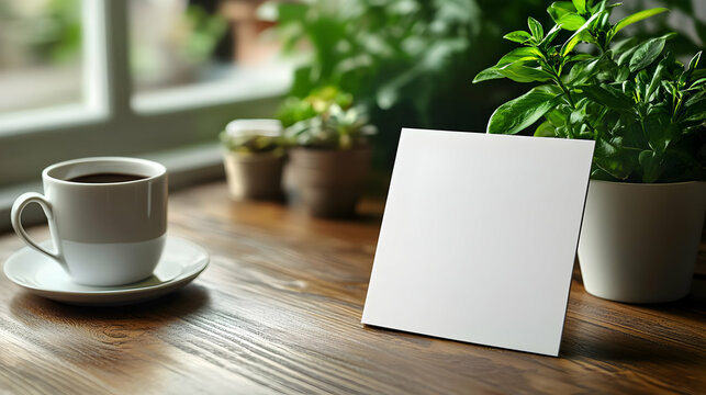 A serene workspace featuring a coffee cup, a blank canvas for notes, and lush greenery, ideal for inspiration and creativity.