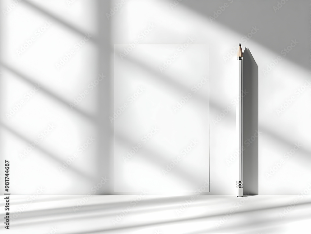 Poster minimalist workspace scene featuring a blank page and a pencil, illuminated by soft light and shadow