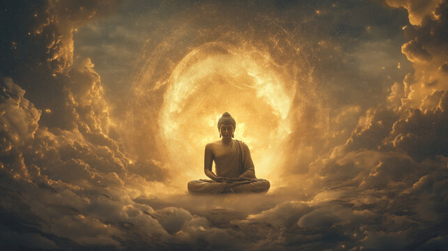 A highly realistic and serene portrait of the Buddha, also known as Tathagata or the Great Buddha. He is depicted in a peaceful meditation pose, with a calm and benevolent expression.