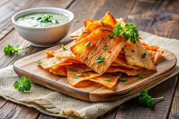 A vibrant and appetizing illustration of crispy salmon skin chips piled high on a rustic wooden board, accompanied by a ramekin of tangy dipping sauce