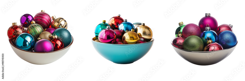 Wall mural a bowl of colorful christmas ornaments in various shapes and sizes, isolated on transparent backgrou