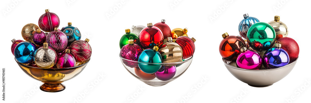 Wall mural a bowl of colorful christmas ornaments in various shapes and sizes, isolated on transparent backgrou