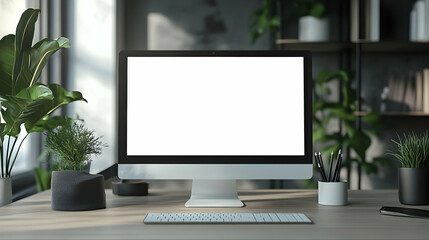 Fototapeta premium A modern workspace featuring a clean desktop with a computer, keyboard, and plants, perfect for office or home use.