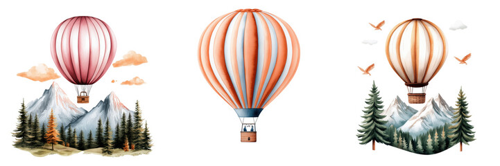 Obraz premium Colorful hot air balloons float above scenic mountains and forests, capturing the essence of adventure and exploration.