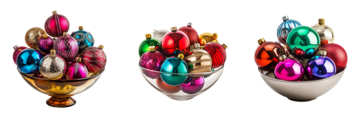 A bowl of colorful Christmas ornaments in various shapes and sizes, isolated on transparent background