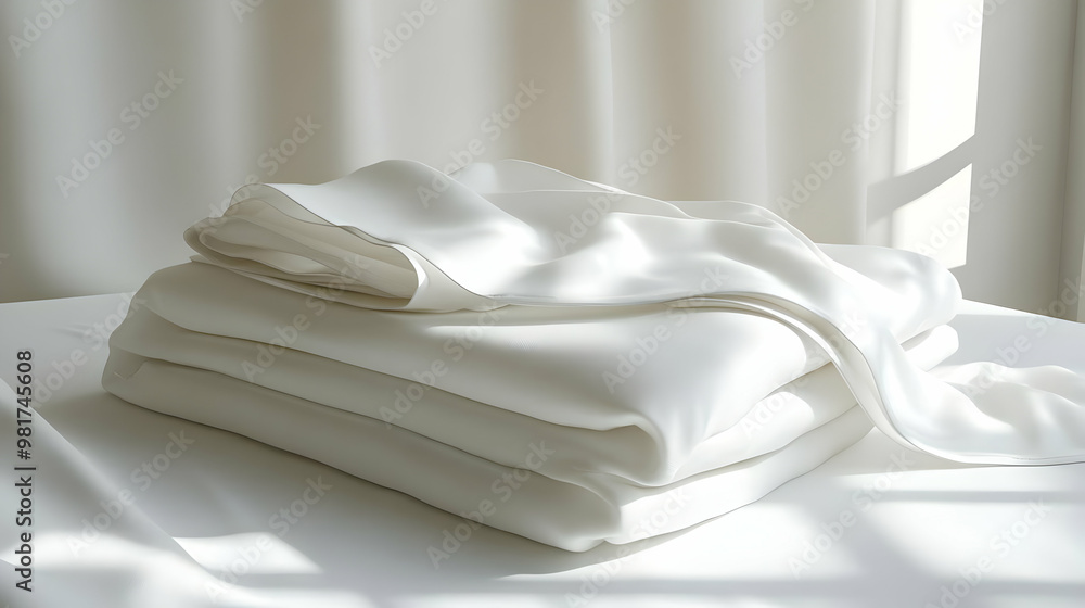 Poster A stack of soft, white fabric draped elegantly, creating a serene and minimalistic atmosphere in the room.